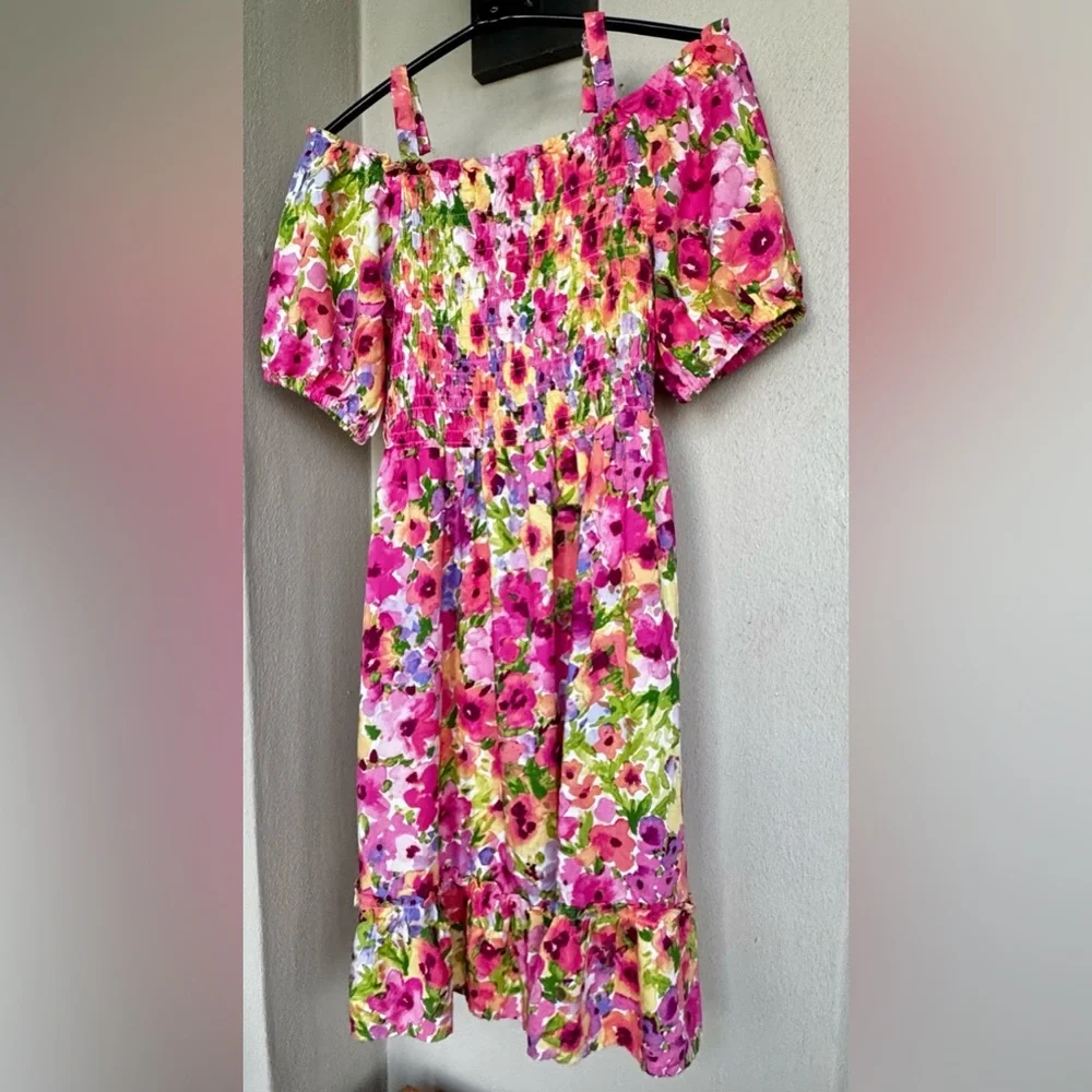 The Childrens Place Off Shoulder Short Sleeve Dress Pink & Yellow Floral 10/12